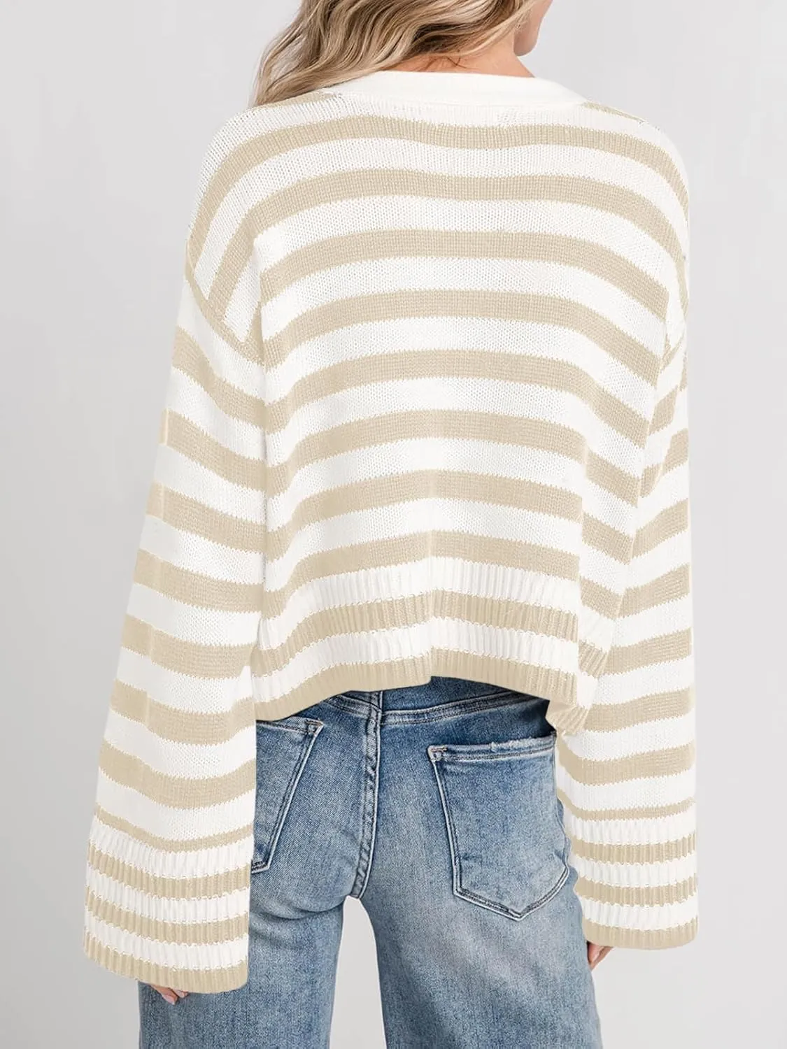 Saodimallsu Womens Striped Cardigan Sweaters Cropped Fall Button Open Front Long Sleeve Knit Sweater Coat with Pockets