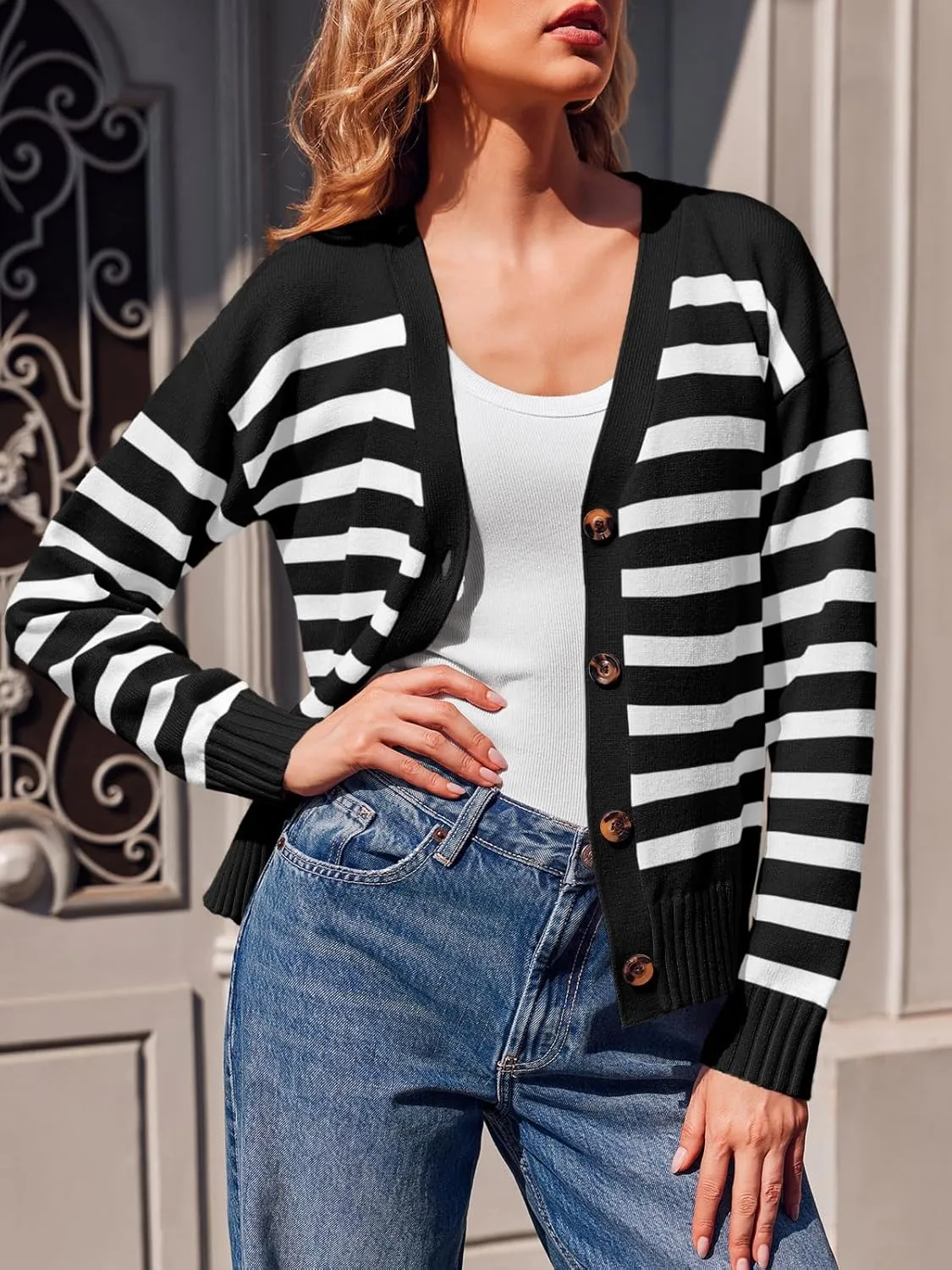 Saodimallsu Womens Striped Cardigan Sweaters V Neck Button Down Long Sleeve Open Front Ribbed Knit Outerwear