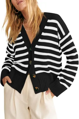 Saodimallsu Womens Striped Cardigan Sweaters V Neck Button Down Long Sleeve Open Front Ribbed Knit Outerwear