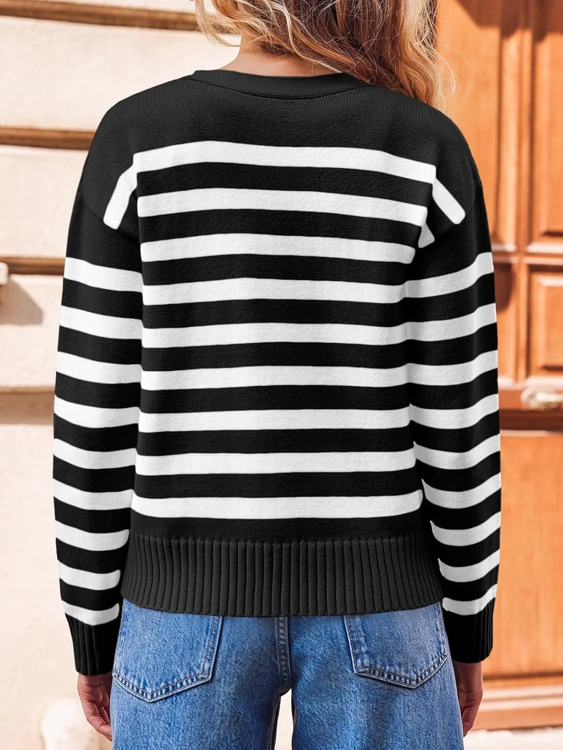Saodimallsu Womens Striped Cardigan Sweaters V Neck Button Down Long Sleeve Open Front Ribbed Knit Outerwear