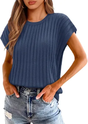 Saodimallsu Womens Summer Crochet Sweater Vest Cap Sleeve Knit Tops Casual Crewneck Sleeveless Sweaters