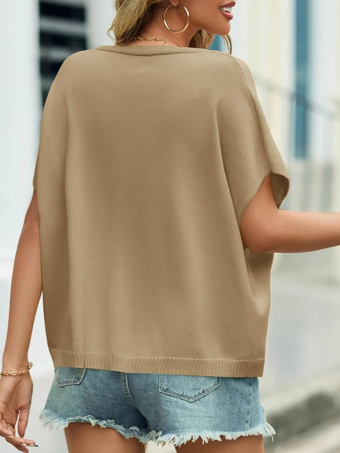 Saodimallsu Womens Summer Oversized Cardigans Batwing Short Sleeve Lightweight Button V Neck Casual Knit Sweater Tops