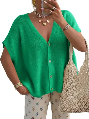Saodimallsu Womens Summer Oversized Cardigans Batwing Short Sleeve Lightweight Button V Neck Casual Knit Sweater Tops