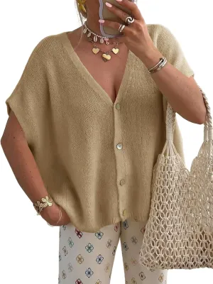 Saodimallsu Womens Summer Oversized Cardigans Batwing Short Sleeve Lightweight Button V Neck Casual Knit Sweater Tops