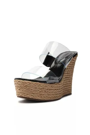 Schutz Arien Black Slip On Open Toe Clear Straps Modern Spin Wedges Sandals