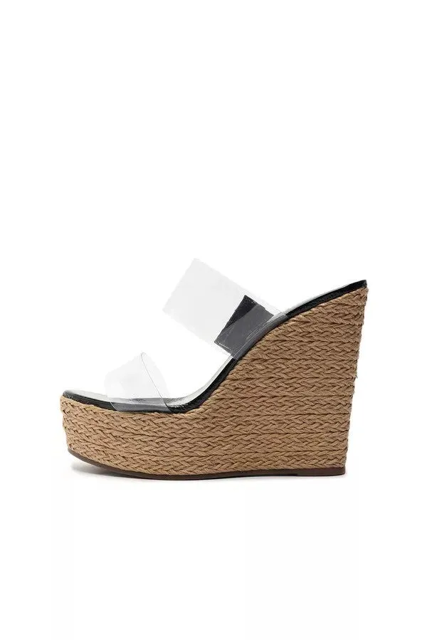Schutz Arien Black Slip On Open Toe Clear Straps Modern Spin Wedges Sandals