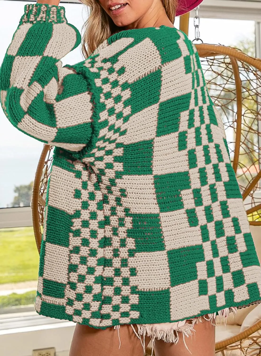 SELINK Women's Cardigan Sweater Vintage Open Front Mixed Checkered Pattern Chunky Knit Plaid Long Sleeve Daily Outwear