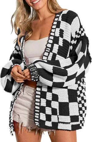 SELINK Women's Cardigan Sweater Vintage Open Front Mixed Checkered Pattern Chunky Knit Plaid Long Sleeve Daily Outwear