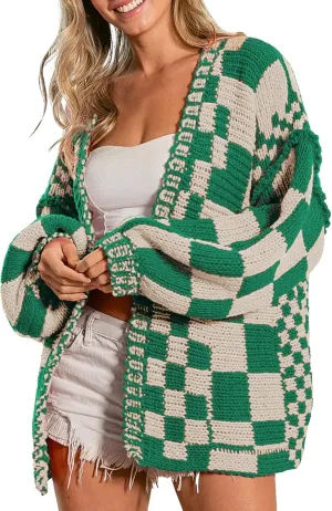 SELINK Women's Cardigan Sweater Vintage Open Front Mixed Checkered Pattern Chunky Knit Plaid Long Sleeve Daily Outwear