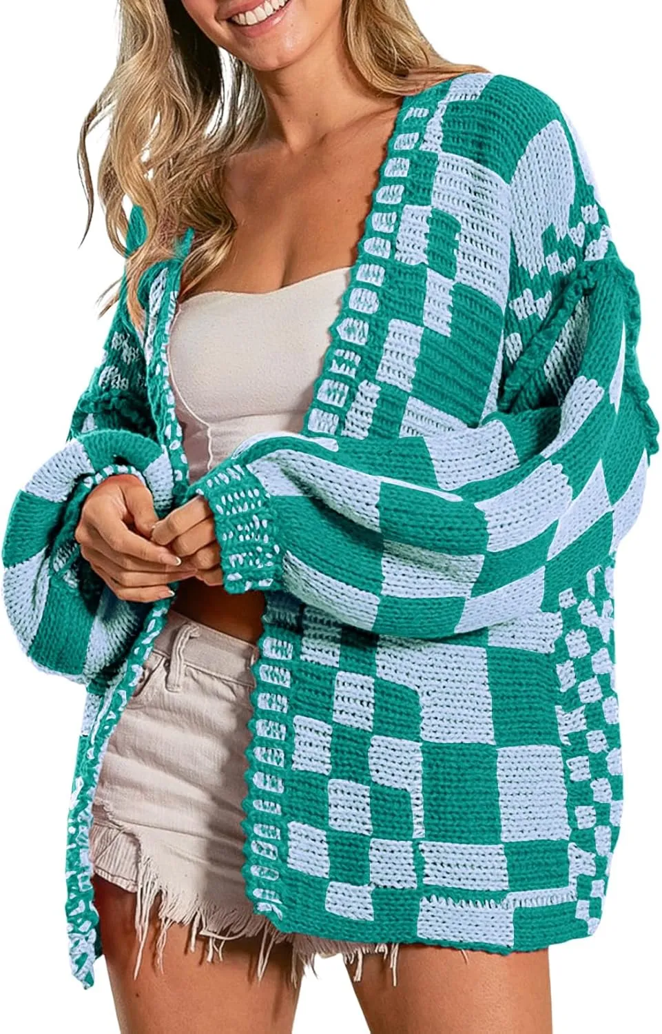 SELINK Women's Cardigan Sweater Vintage Open Front Mixed Checkered Pattern Chunky Knit Plaid Long Sleeve Daily Outwear