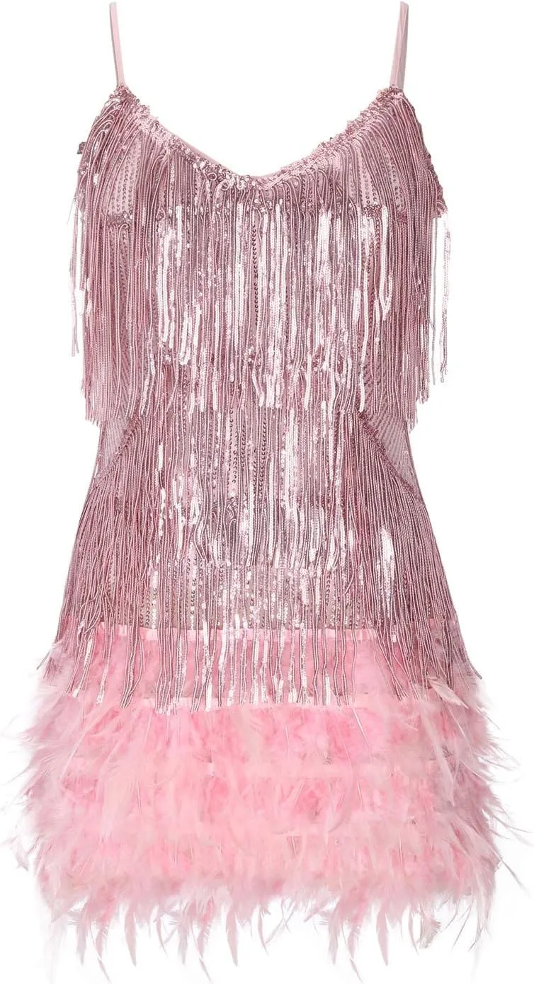 Sequin Tassel Dresses for Women Spaghetti Strap V Neck Sparkle Party Dress Fringe Hem Club Sexy Mini Dresses