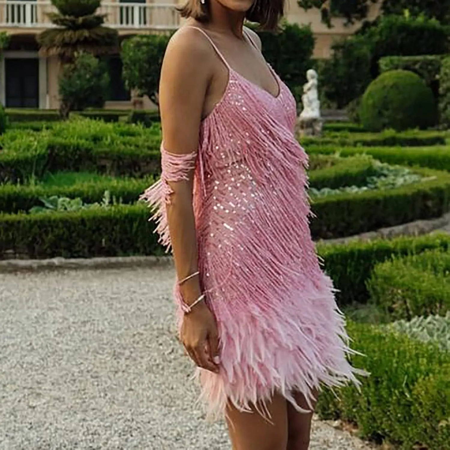 Sequin Tassel Dresses for Women Spaghetti Strap V Neck Sparkle Party Dress Fringe Hem Club Sexy Mini Dresses