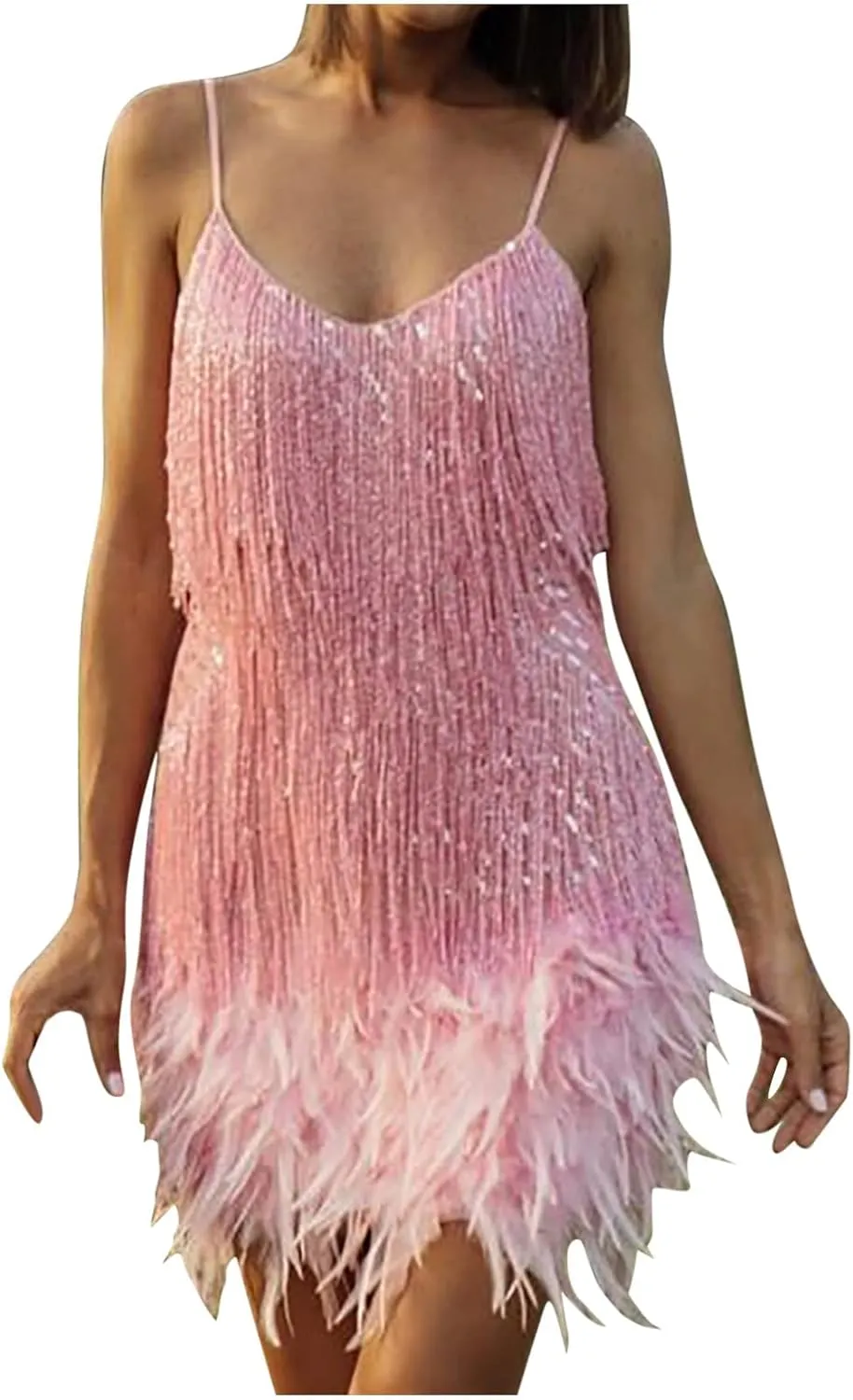 Sequin Tassel Dresses for Women Spaghetti Strap V Neck Sparkle Party Dress Fringe Hem Club Sexy Mini Dresses