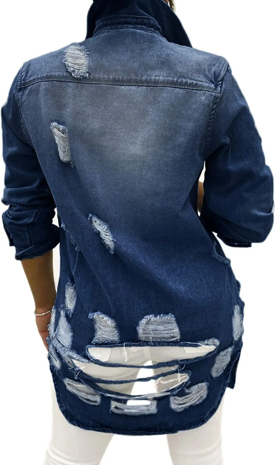 sexycherry Denim Jacket for Women Long Sleeve Classic Trucker Jeans Long Coat Outwear with Pockets