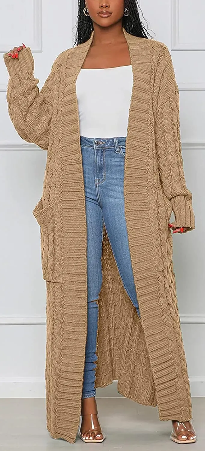 SHINFY Women Long Sleeve Open Front Knit Long Cardigan Casual Knitted Maxi Sweater Coat Outwear with Pockets