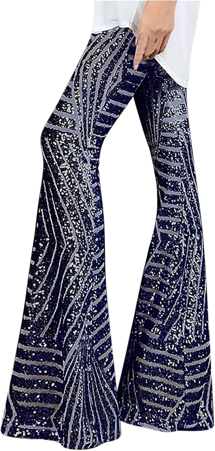 Shiny Metallic Flare Pants for Womens Sexy 70s Sequins Yoga Pants High Waist Bell Bottom Trousers Wide Leg Leggings
