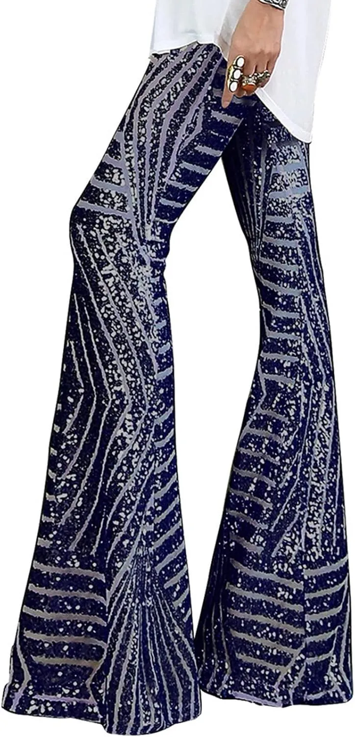 Shiny Metallic Flare Pants for Womens Sexy 70s Sequins Yoga Pants High Waist Bell Bottom Trousers Wide Leg Leggings