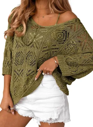 Sidefeel Women's 2025 Spring Summer Crochet Tops Off The Shoulder Hollow Out Knit Tops 3/4 Sleeve Pullover Sweater Cover Ups