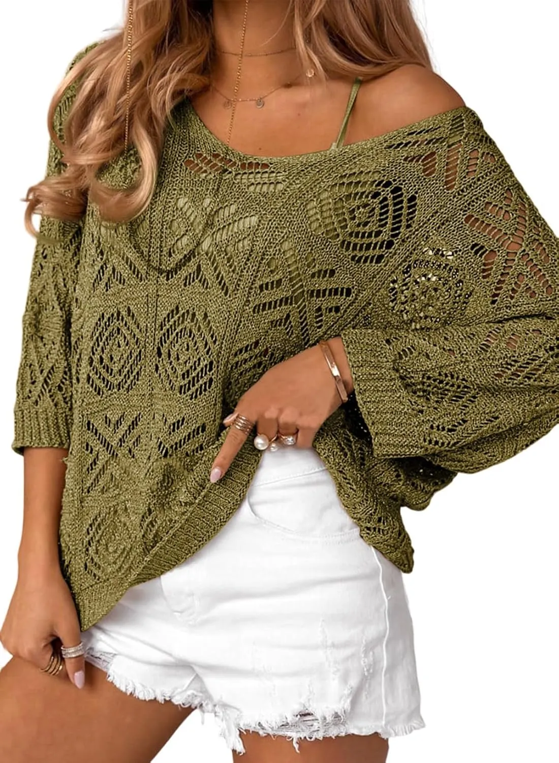 Sidefeel Women's 2025 Spring Summer Crochet Tops Off The Shoulder Hollow Out Knit Tops 3/4 Sleeve Pullover Sweater Cover Ups