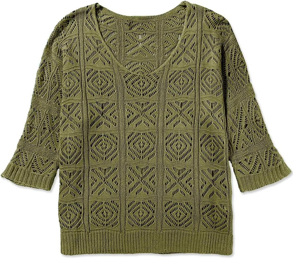 Sidefeel Women's 2025 Spring Summer Crochet Tops Off The Shoulder Hollow Out Knit Tops 3/4 Sleeve Pullover Sweater Cover Ups