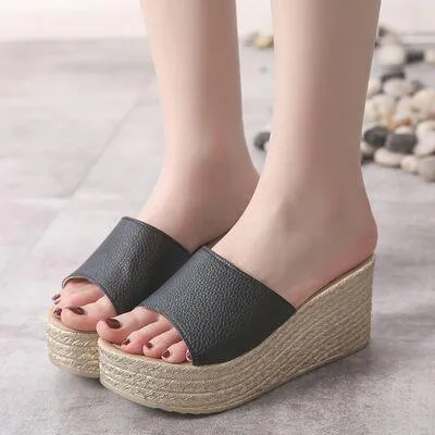 Single Band Open Toe High Heel Wedge Sandals