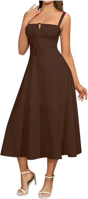 Sinzelimin Dresses for Women Sexy Sleeveless Lace up Corset Sling Midi Dress Summer Fashion Solid Color Beach Casual Sundress