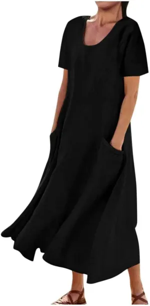 Sinzelimin Women Summer Dresses Boho Fashion Solid Color Cotton Linen Midi Dress Plus Size Loose Casual Pocket Beach Sundress