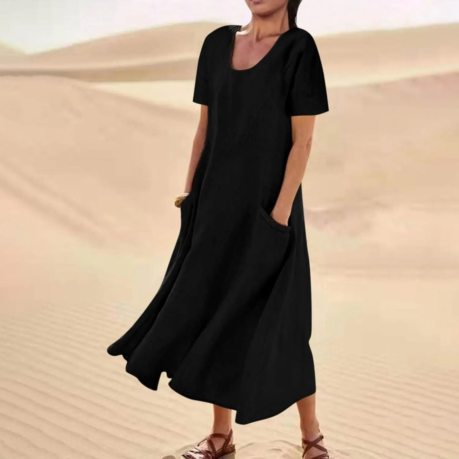 Sinzelimin Women Summer Dresses Boho Fashion Solid Color Cotton Linen Midi Dress Plus Size Loose Casual Pocket Beach Sundress