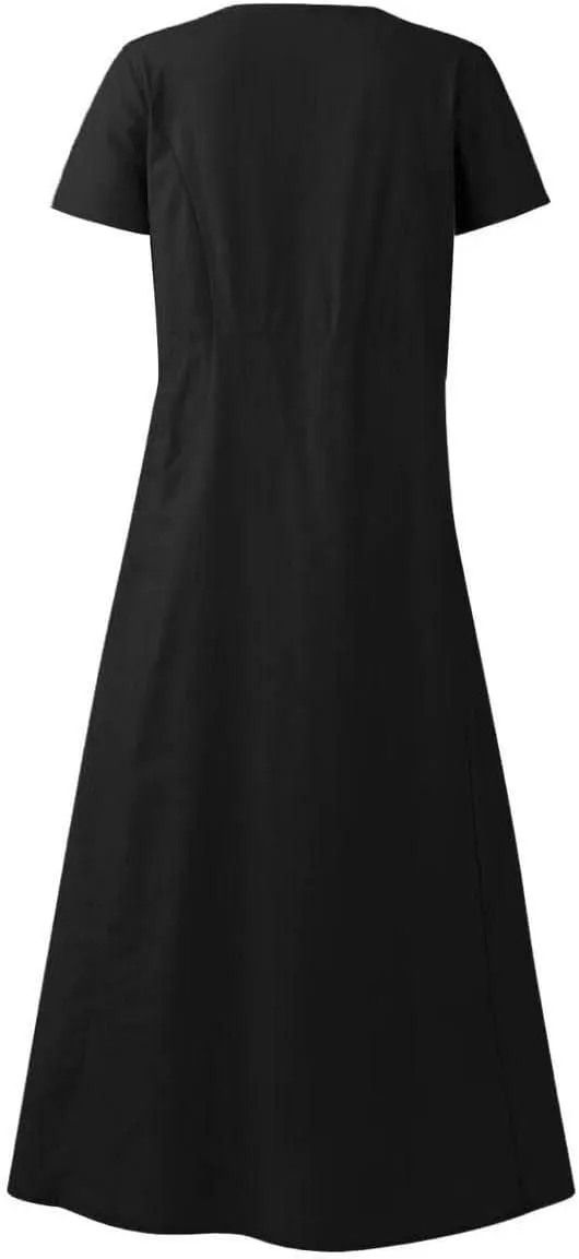 Sinzelimin Women Summer Dresses Boho Fashion Solid Color Cotton Linen Midi Dress Plus Size Loose Casual Pocket Beach Sundress