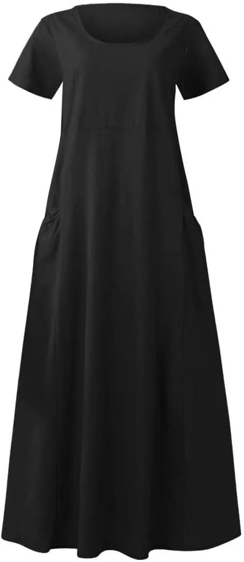 Sinzelimin Women Summer Dresses Boho Fashion Solid Color Cotton Linen Midi Dress Plus Size Loose Casual Pocket Beach Sundress