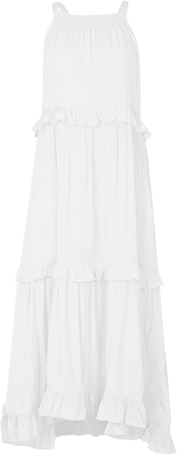 Smocked Dress Women Summer Sleeveless Tank Halter Tie Back Loose Flowy Ruffle Tiered Maxi Dress with Pockets