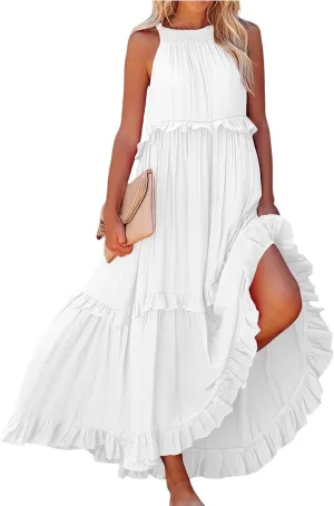 Smocked Dress Women Summer Sleeveless Tank Halter Tie Back Loose Flowy Ruffle Tiered Maxi Dress with Pockets