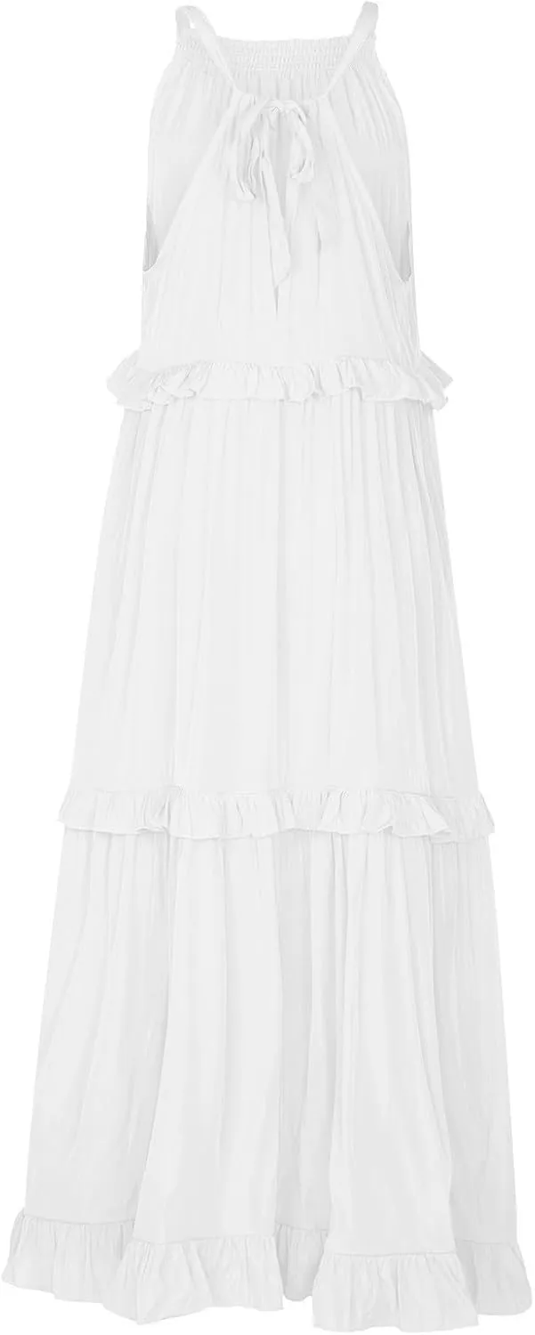 Smocked Dress Women Summer Sleeveless Tank Halter Tie Back Loose Flowy Ruffle Tiered Maxi Dress with Pockets