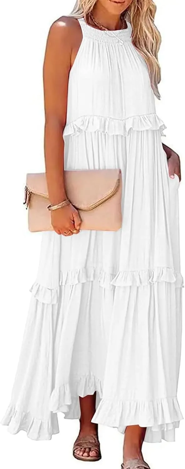 Smocked Dress Women Summer Sleeveless Tank Halter Tie Back Loose Flowy Ruffle Tiered Maxi Dress with Pockets