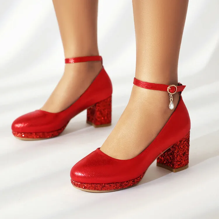 Sparkling Sequin Round-toe Chunky Heel Sandals