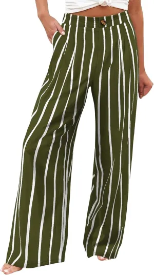 Striped Linen Pants Women Summer Casual Button Up Wide Leg Linen Pants Vintage Palazzo Lounge Pants with Pockets