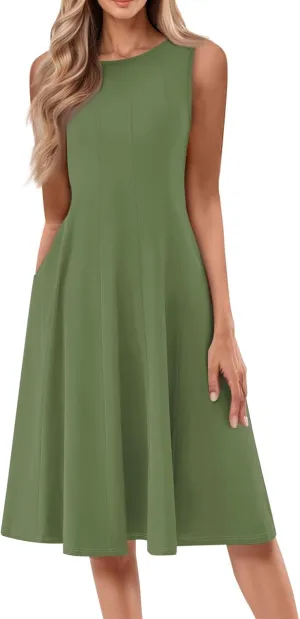 Summer Casual Dresses for Women Solid/Floral Print Sleeveless Midi Dress Swing Tank Sundress Crewneck Pleated Tshirt Dress