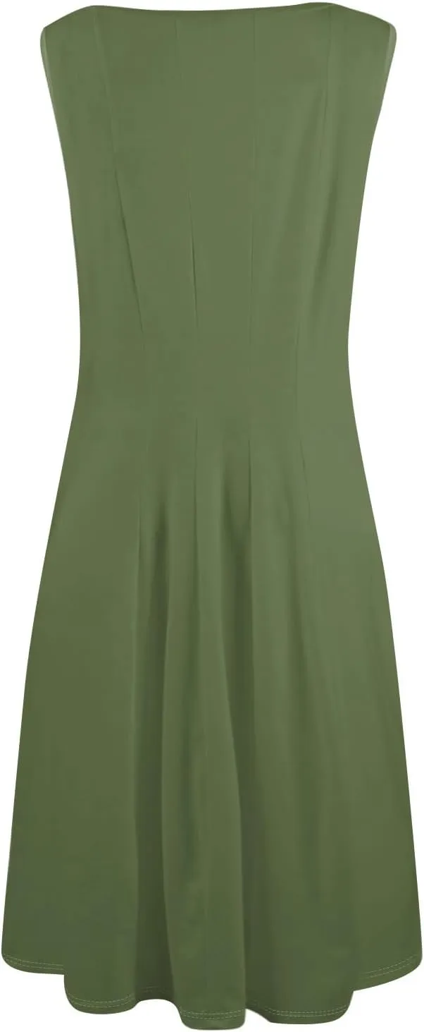 Summer Casual Dresses for Women Solid/Floral Print Sleeveless Midi Dress Swing Tank Sundress Crewneck Pleated Tshirt Dress