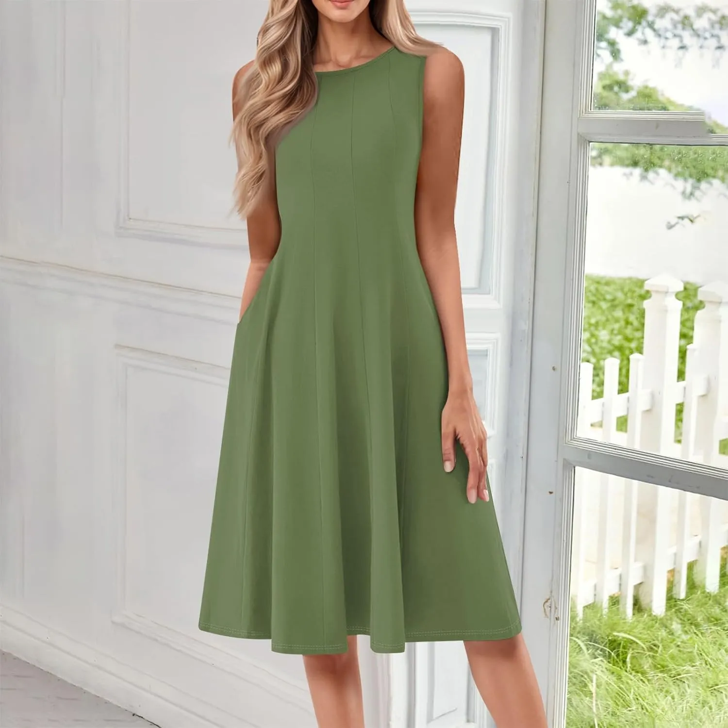 Summer Casual Dresses for Women Solid/Floral Print Sleeveless Midi Dress Swing Tank Sundress Crewneck Pleated Tshirt Dress
