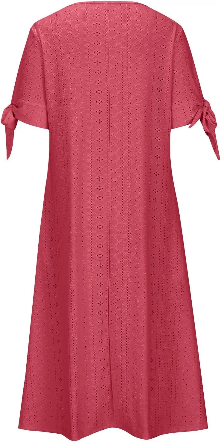 Summer Dresses for Women 2024 Button Down Short Sleeve Eyelet Ruffle Maxi Dress with Pocket Casual Empire Waist Dress