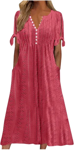 Summer Dresses for Women 2024 Button Down Short Sleeve Eyelet Ruffle Maxi Dress with Pocket Casual Empire Waist Dress