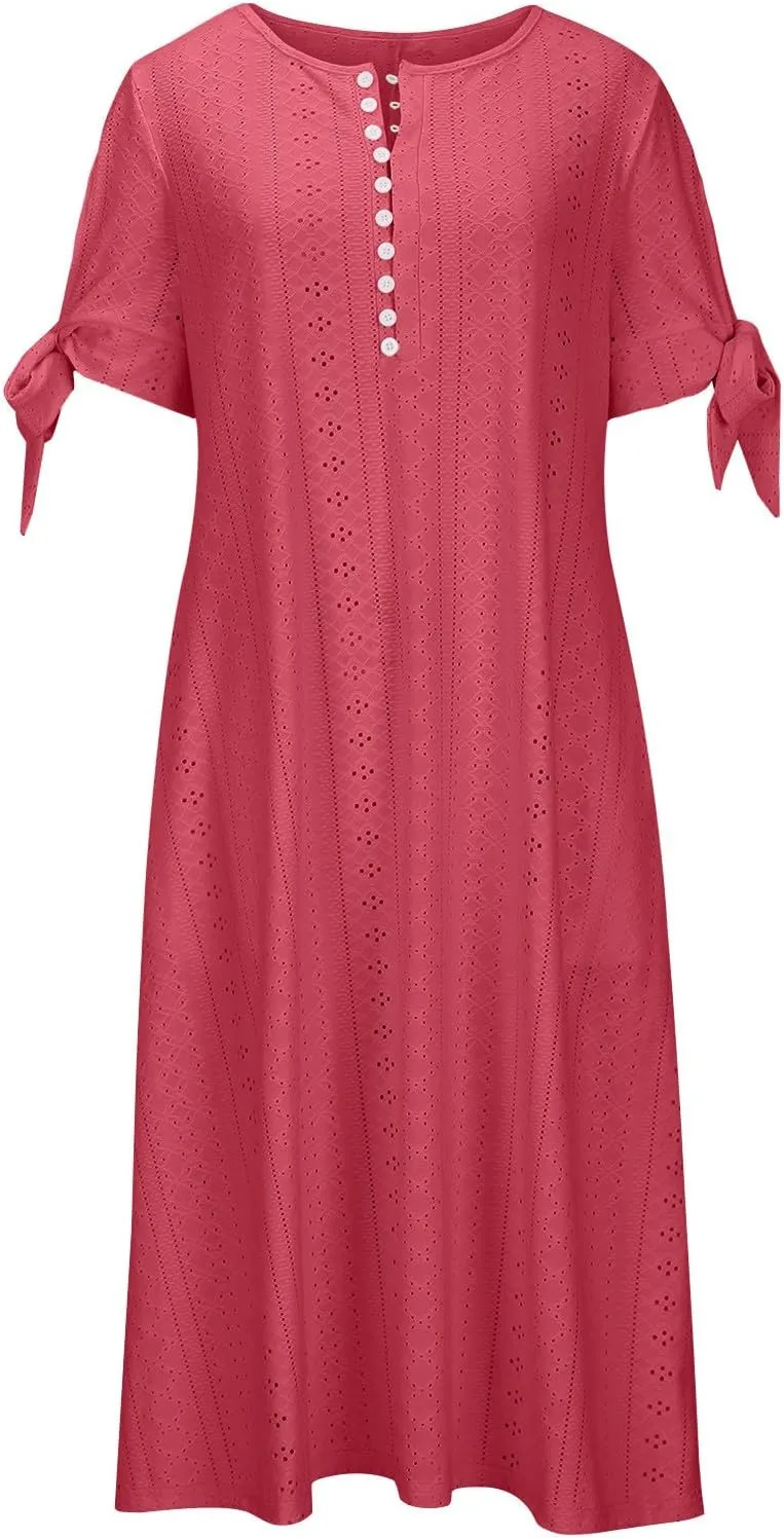 Summer Dresses for Women 2024 Button Down Short Sleeve Eyelet Ruffle Maxi Dress with Pocket Casual Empire Waist Dress