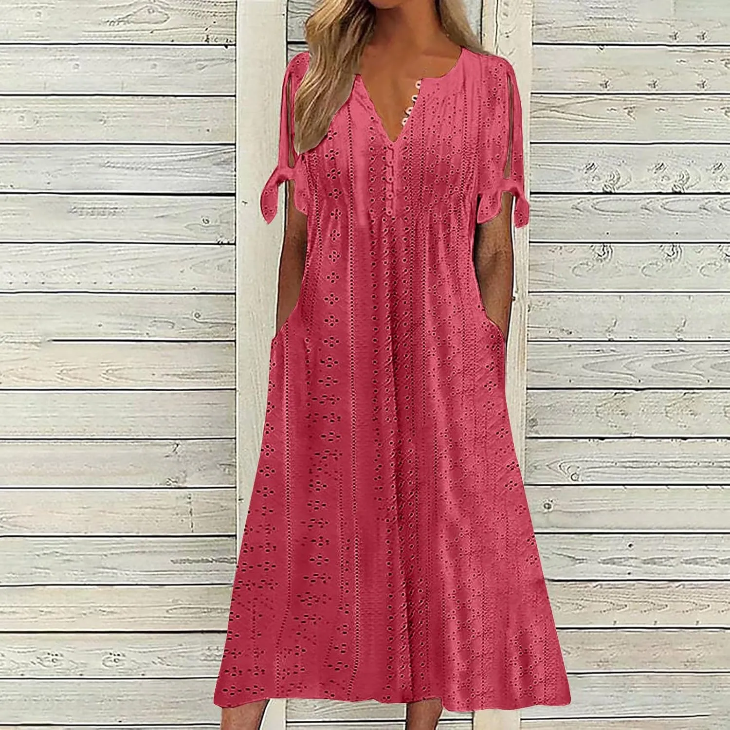 Summer Dresses for Women 2024 Button Down Short Sleeve Eyelet Ruffle Maxi Dress with Pocket Casual Empire Waist Dress