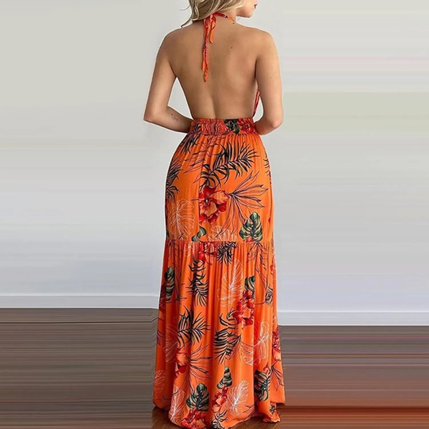 Summer Dresses for Women 2024 Fashion Sexy Floral Tropical Beach Halter Sundress Hawaiian Backless Long Maxi Dress