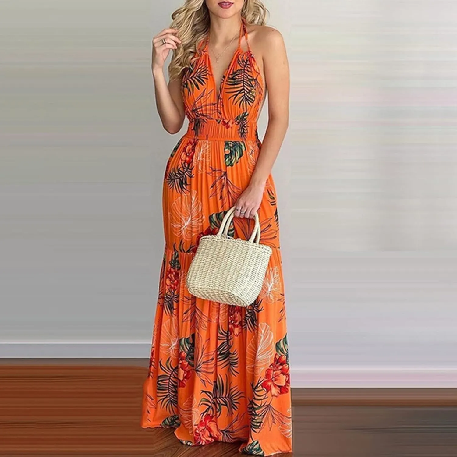 Summer Dresses for Women 2024 Fashion Sexy Floral Tropical Beach Halter Sundress Hawaiian Backless Long Maxi Dress