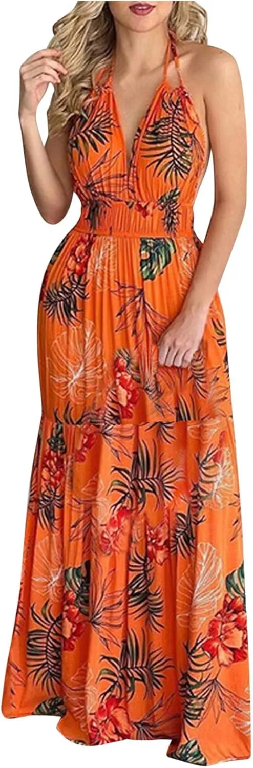 Summer Dresses for Women 2024 Fashion Sexy Floral Tropical Beach Halter Sundress Hawaiian Backless Long Maxi Dress