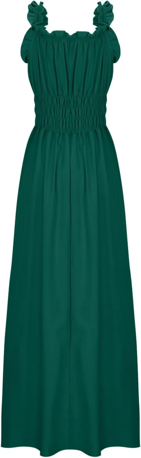 Summer Dresses for Women 2024 Smocked A Line Maxi Dress Sleeveless High Waist Beach Sun Dresses Flowy Milkmaid Dress
