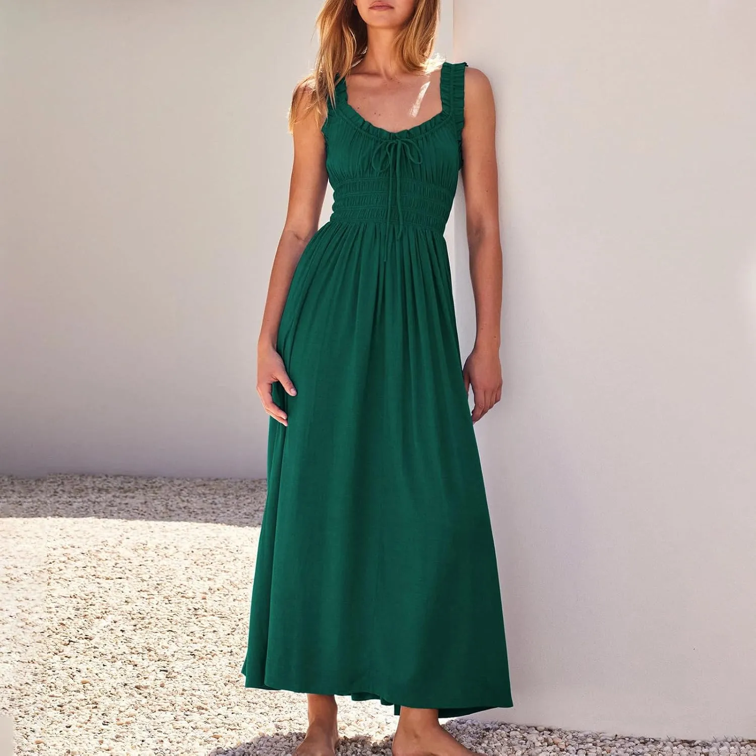Summer Dresses for Women 2024 Smocked A Line Maxi Dress Sleeveless High Waist Beach Sun Dresses Flowy Milkmaid Dress