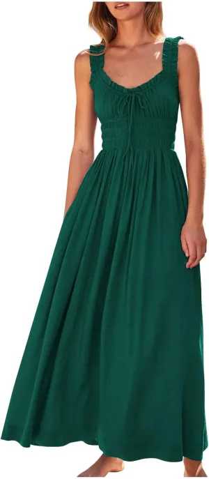 Summer Dresses for Women 2024 Smocked A Line Maxi Dress Sleeveless High Waist Beach Sun Dresses Flowy Milkmaid Dress