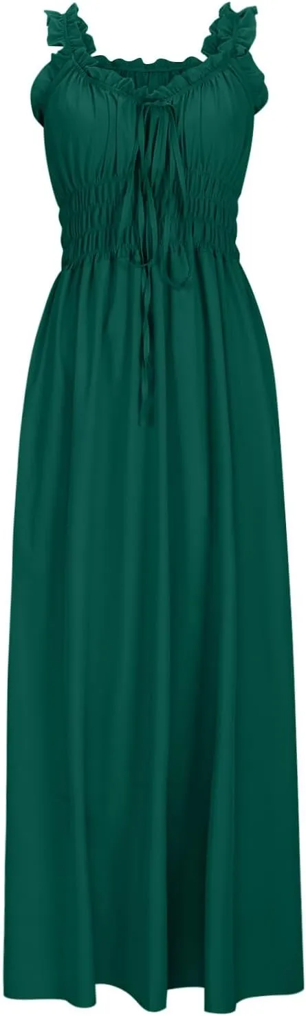 Summer Dresses for Women 2024 Smocked A Line Maxi Dress Sleeveless High Waist Beach Sun Dresses Flowy Milkmaid Dress